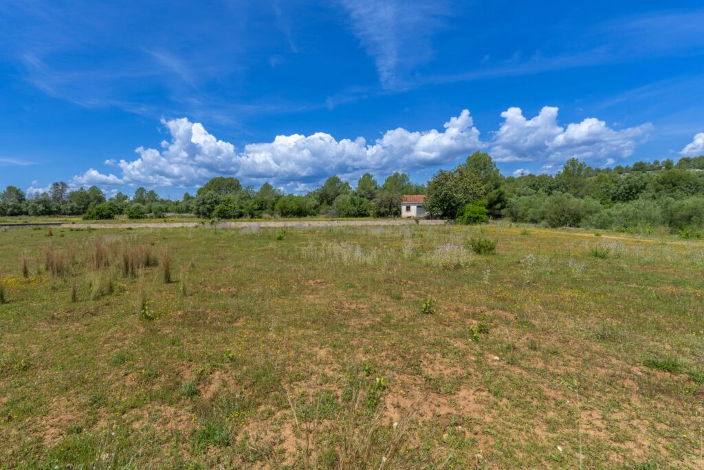 Serene rural landscape in Anna, Spain with wide open field under a bright blue sky.